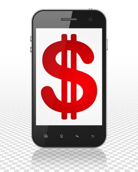 Money concept: Smartphone with red Dollar icon on display, 3D rendering