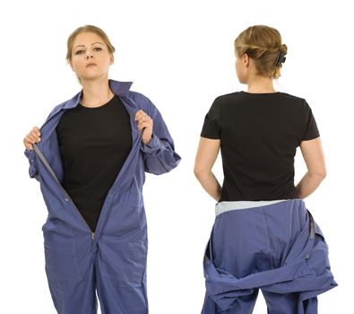 Photo of a woman posing with a blank black t-shirt and wearing overalls, ready for your artwork or design.