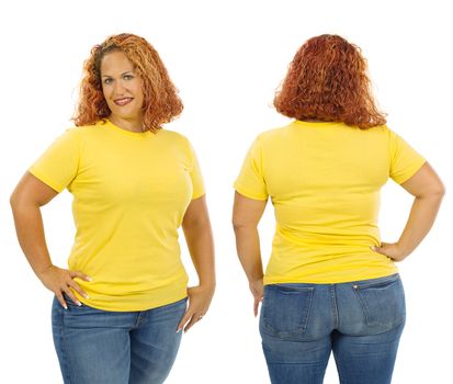 Photo of a woman posing with a blank yellow t-shirt, ready for your artwork or design.