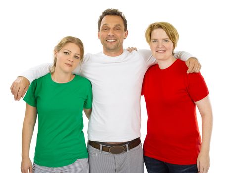 Photo of three people wearing green, white, and red blank t-shirts as the colours of the flag of Italy. Ready for your design or artwork.