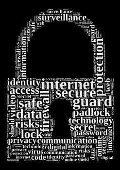 Security word cloud illustration concept over padlock shape