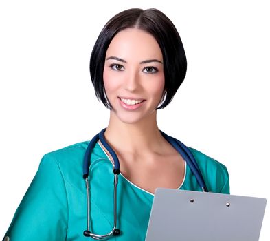 Doctor woman pointing on something, isolated on white background