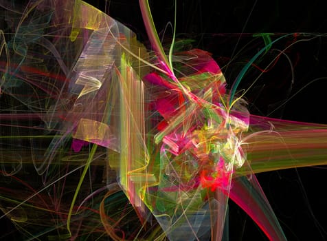 Chaotic fractal abstraction on a black background. Colorful abstract lines, spirals and ribbons.