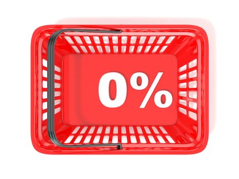 0 percent discount tag in red shopping basket. 3D rendered illustration