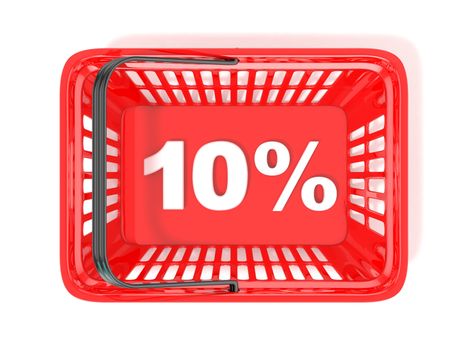 10 percent discount tag in red shopping basket. 3D rendered illustration