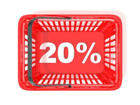 20 percent discount tag in red shopping basket. 3D rendered illustration