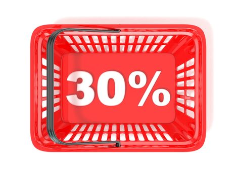 30 percent discount tag in red shopping basket. 3D rendered illustration