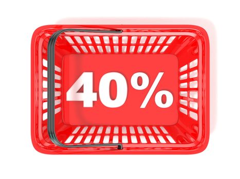 40 percent discount tag in red shopping basket. 3D rendered illustration