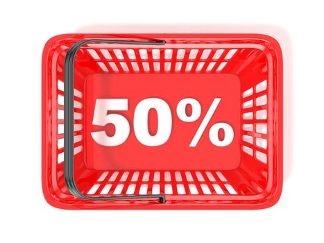 50 percent discount tag in red shopping basket. 3D rendered illustration