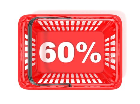 60 percent discount tag in red shopping basket. 3D rendered illustration