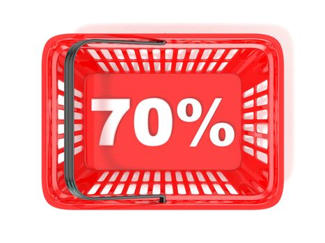 70 percent discount tag in red shopping basket. 3D rendered illustration