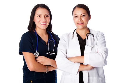 Happy smiling attractive medical doctor and nurse team together, healthcare concept.