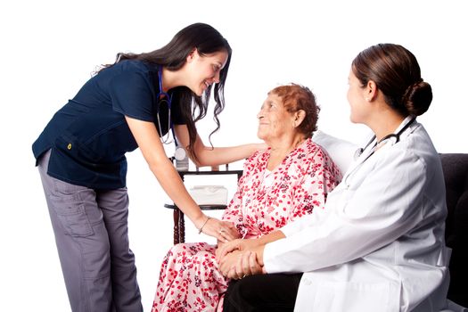 Doctor and Nurse consulting comforting Senior Patient at home health.