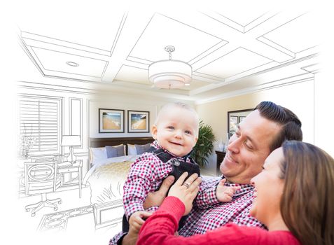 Happy Young Family With Baby Over Custom Bedroom Drawing and Photo Combination.