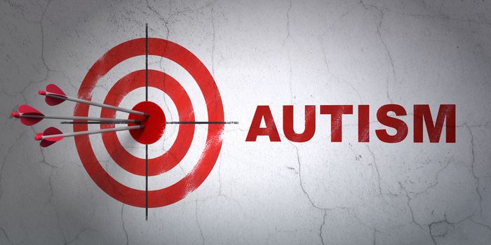 Success Health concept: arrows hitting the center of target, Red Autism on wall background, 3D rendering