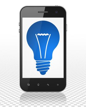 Business concept: Smartphone with blue Light Bulb icon on display, 3D rendering