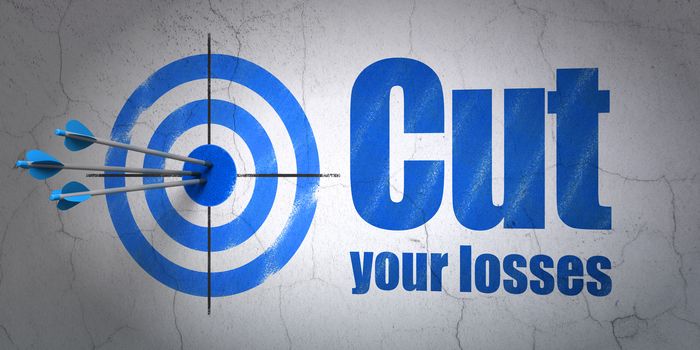 Success business concept: arrows hitting the center of target, Blue Cut Your losses on wall background, 3D rendering