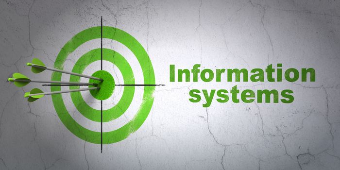 Success Data concept: arrows hitting the center of target, Green Information Systems on wall background, 3D rendering