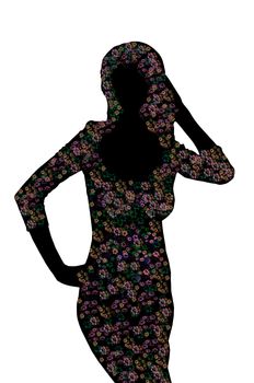 Abstract black female silhouette on white background, isolated. Fractal floral pattern.
