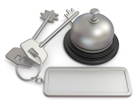 Hotel key with rectangular blank label on ring and reception bell. 3D render illustration isolated on white background