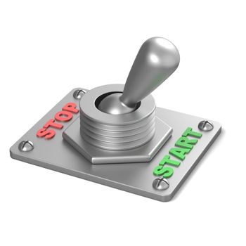Metal toggle switch, flipped in the START position. 3D render illustration isolated on white background