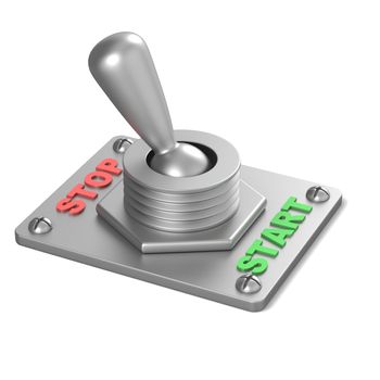 Metal toggle switch, flipped in the STOP position. 3D render illustration isolated on white background