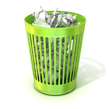 Green trash bin, full of crumpled paper. Isolated on white background