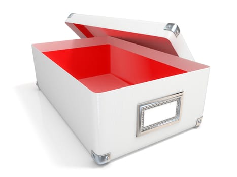 White leather opened box, with chrome corners, red interior and blank label. 3D render illustration isolated on white background