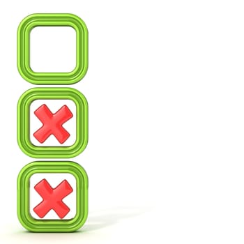 Check boxes with incorrect check mark. Isolated on white background.