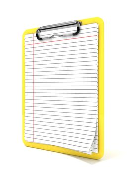 Yellow clipboard and blank lined paper. 3D render illustration isolated on white background