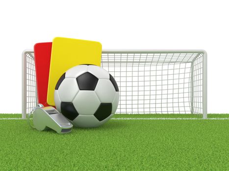 Football concept. Penalty (red and yellow) card, metal whistle and soccer (football) ball and gate, isolated 3D render on white background.