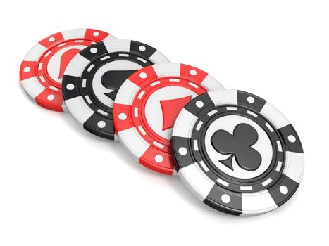 Casino chips with spade, heart diamond and club on it. 3D render illustration isolated on white background