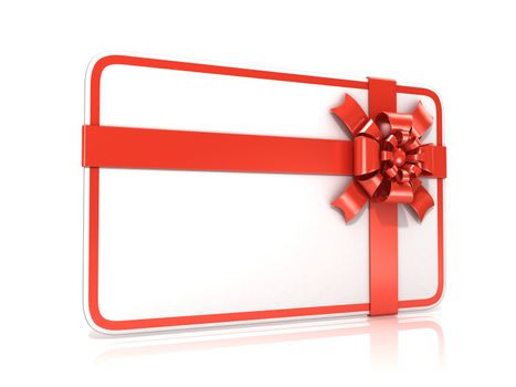 White blank gift card, with red ribbon. 3D render illustration isolated on white. Side view
