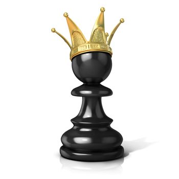 Black pawn with a golden crown, isolated on a white background