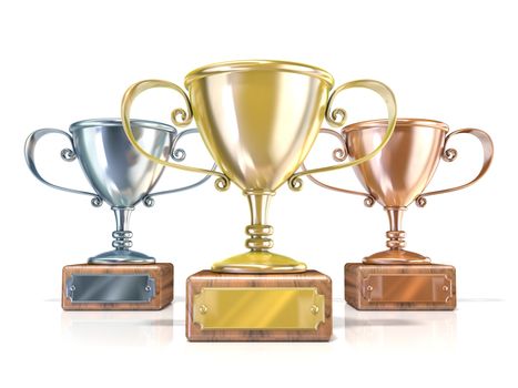 Gold, silver and bronze winners trophy cups. 3D render illustration isolated on white background