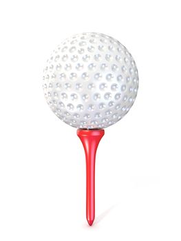 Golf ball on red tee. 3D render illustration, isolated on white background