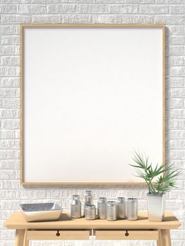 Mock up poster, white brick wall and metal cups. 3D render illustration