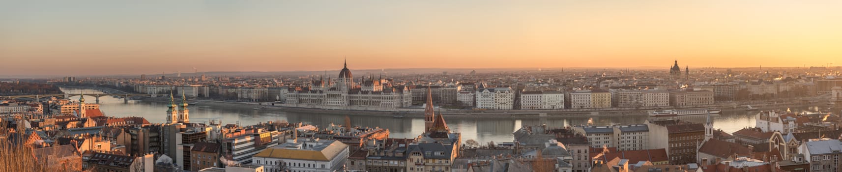 Wide Panorama of Budapest with Hungarian Parliament and Danube River at Sunrise