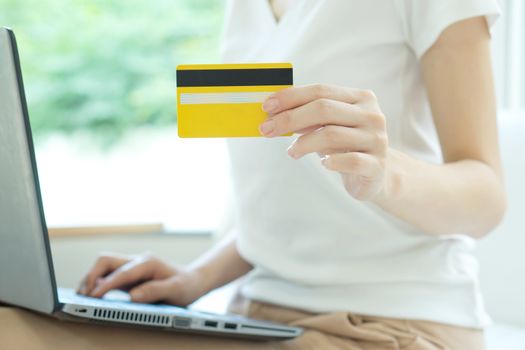 Young beautiful woman with laptop and credit card at home
