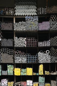 iron pipes shelf in warehouse