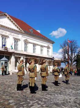 Budapest, Hungary - March 03, 2014 : Presidential guard Budapest, Hungary. Hungary's presidential office in the Castle District is heavily guarded by presidential guards.