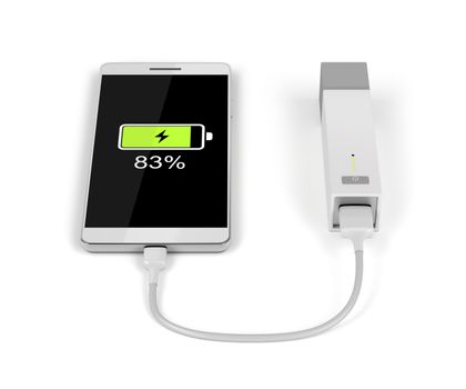 Smartphone charging with external battery on white background