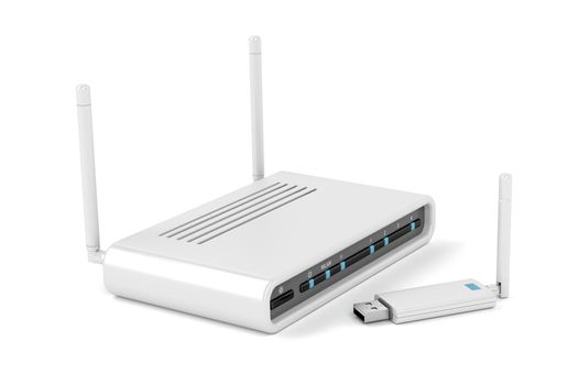 Usb wireless network adapter and router on white background