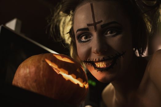Horrible girl with scary mouth and eyes, halloween theme