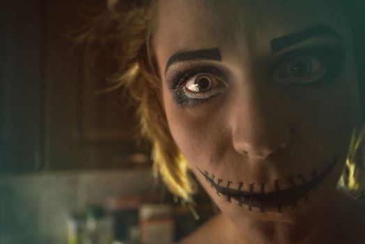 Horrible girl with scary mouth and eyes, halloween theme