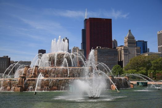 View of skyscrapers from famous Buckingham Fountain in Grant Park