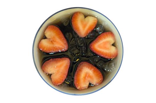 Grass jelly and strawberry with ice in dessert bowl