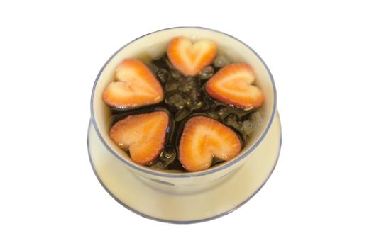 Grass jelly and strawberry with ice in dessert bowl