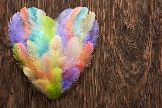 Love, Valentines Day. Heart made of colorful feathers. Retro vintage romantic style on wooden background. Vivid unusual creative greeting card, multicolored, toned, copyspace