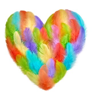 Love, Valentines Day. Heart made of colorful feathers. Vintage romantic style isolated on white. Vivid unusual creative greeting card, multicolored, concept, copyspace